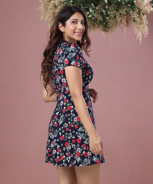 Printed High Neck Mini Dress
